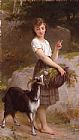 Emile Munier Young Girl with Goat & Flowers painting